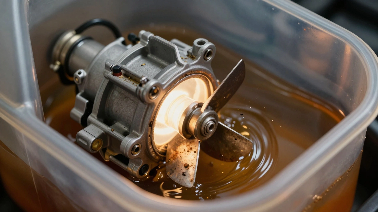 Submerged fuel pump showing internal wear and sediment in tank