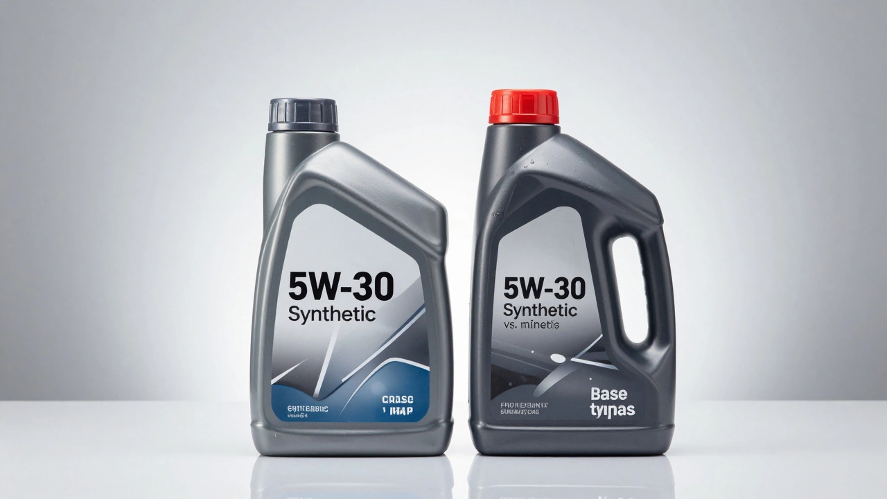 Two bottles of engine oil comparing synthetic and mineral types
