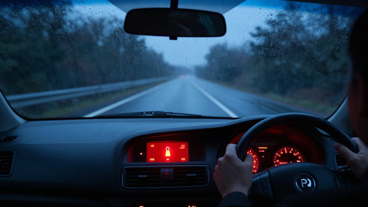 Car dashboard with glowing red oil pressure warning light in rainy conditions