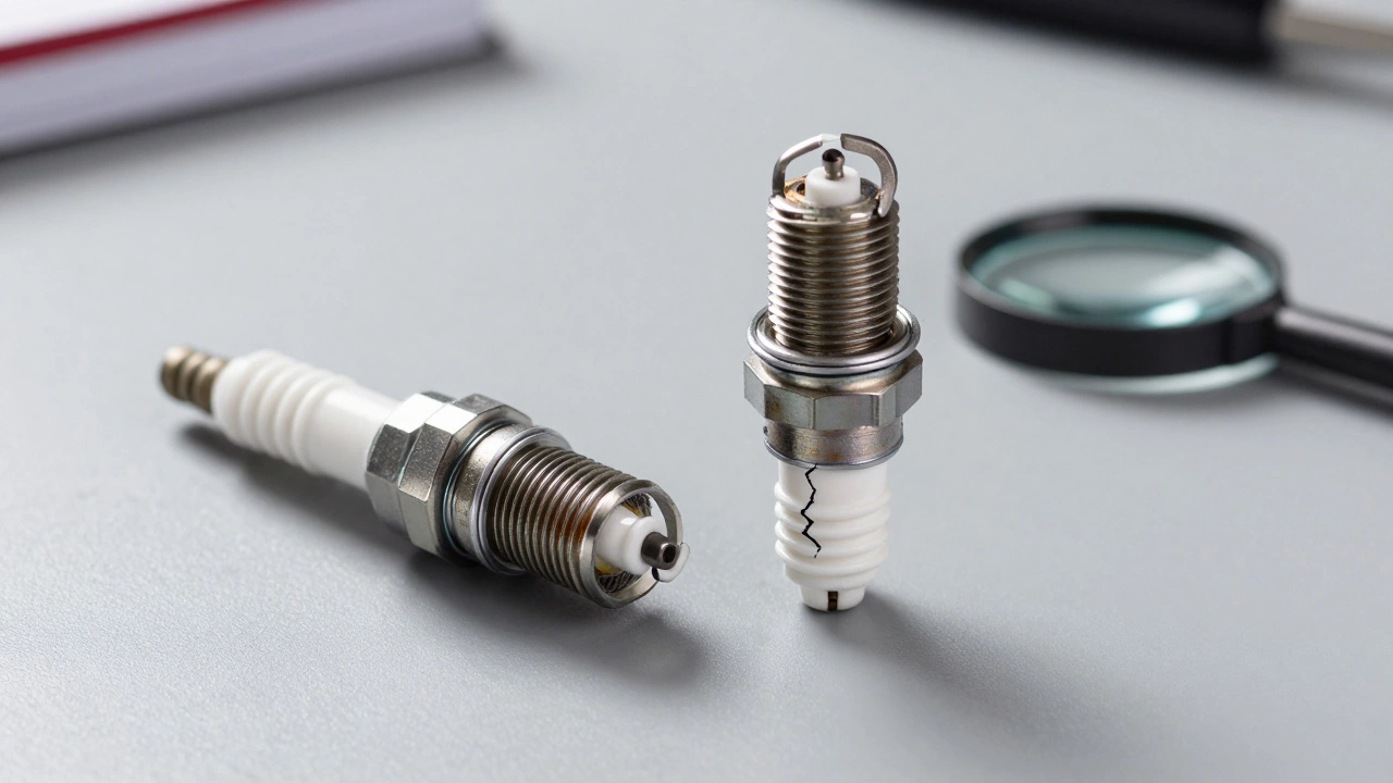 Close-up comparison of healthy and cracked spark plugs