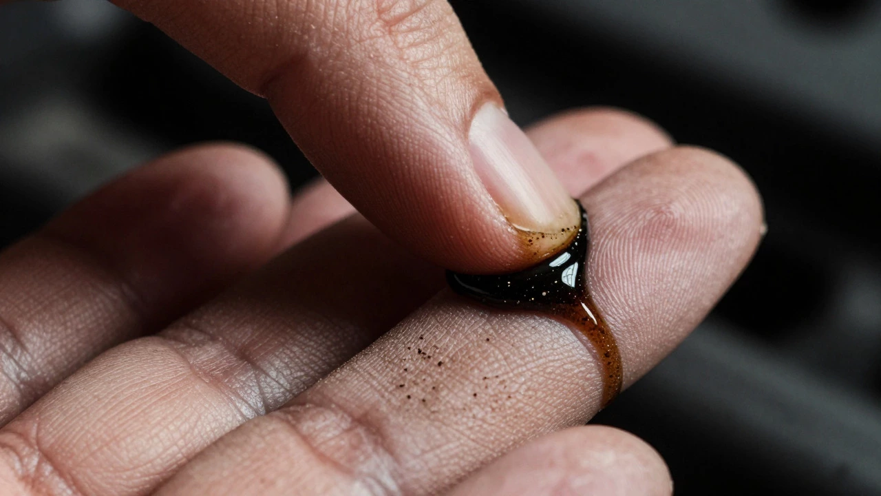 Close-up of gritty, black engine oil being rubbed between fingers