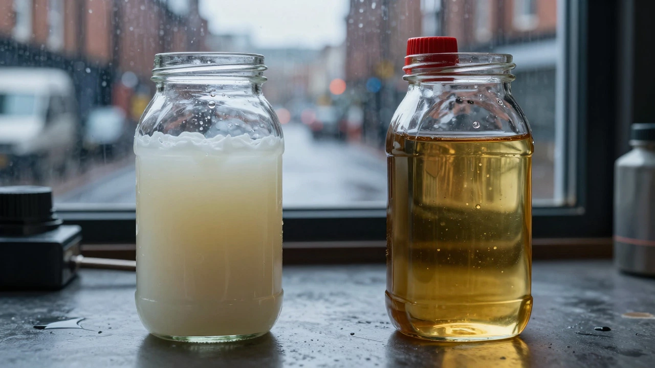 Comparison of milky contaminated oil and fresh golden oil in jars