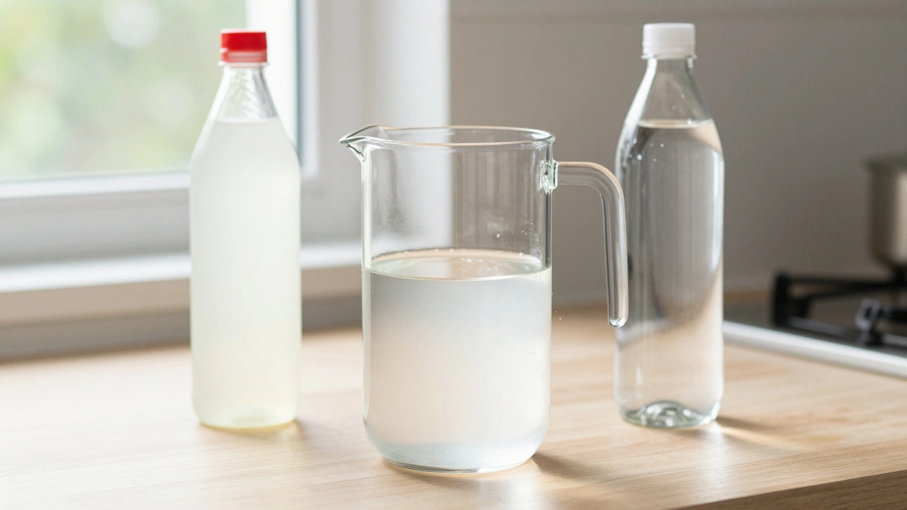 DIY windshield washer mix of vinegar and water on counter