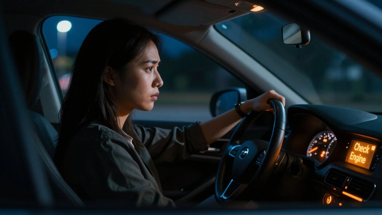 Driver looking at glowing check engine light on dashboard