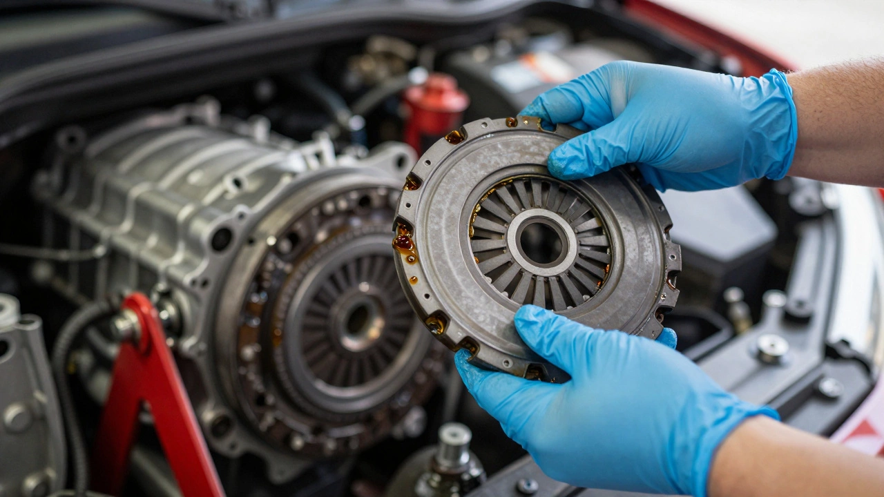 Gloved hands holding a clutch disc near an exposed engine flywheel