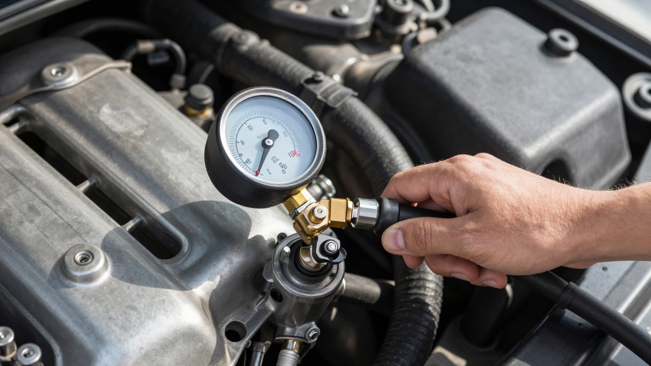 Hand attaching pressure gauge to fuel rail valve