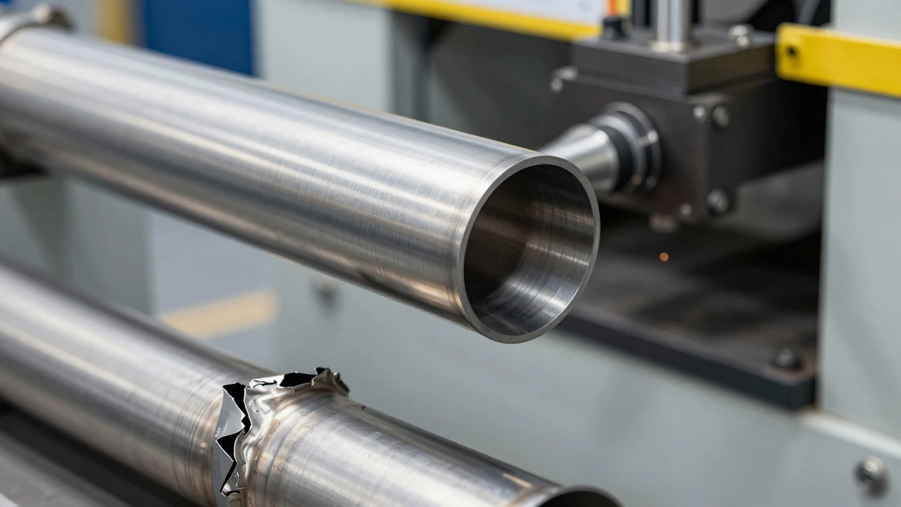 Macro shot showing precise mandrel bending of stainless steel exhaust pipe