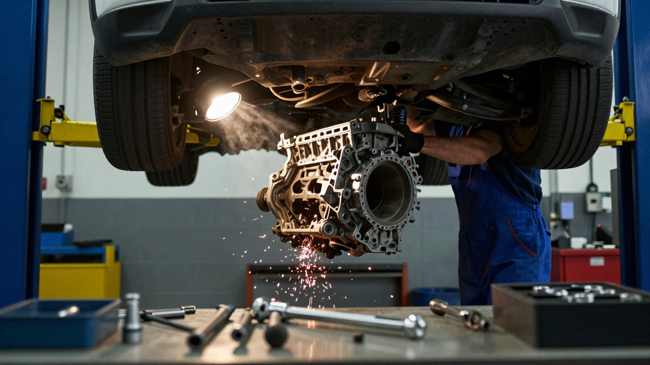 Mechanic removing transmission from under a lifted car