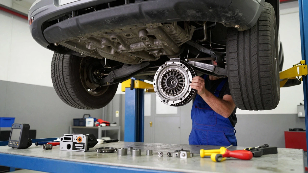 Mechanic replacing clutch assembly under a lifted car in a garage