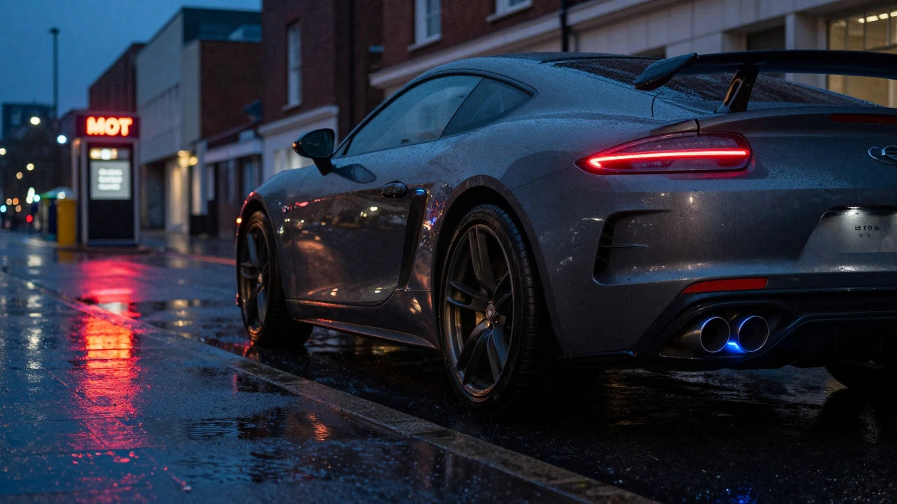 Sports car with aftermarket exhaust on wet UK street at night