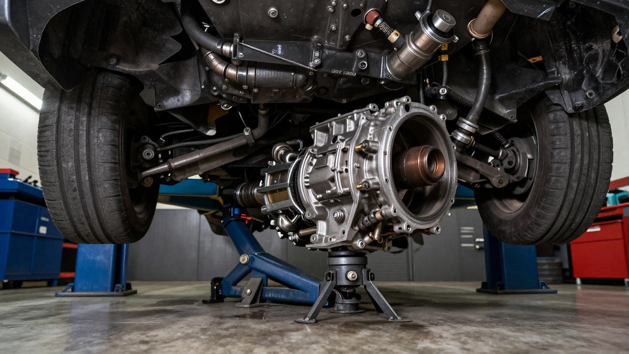 Transmission being aligned with engine using a hydraulic jack under a car