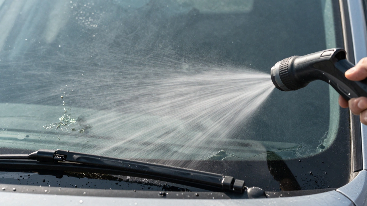 Washer fluid spray cleaning bug splatter from windshield