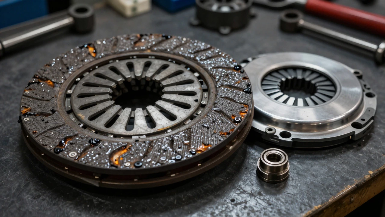 Worn clutch disc next to new clutch kit components on workshop bench