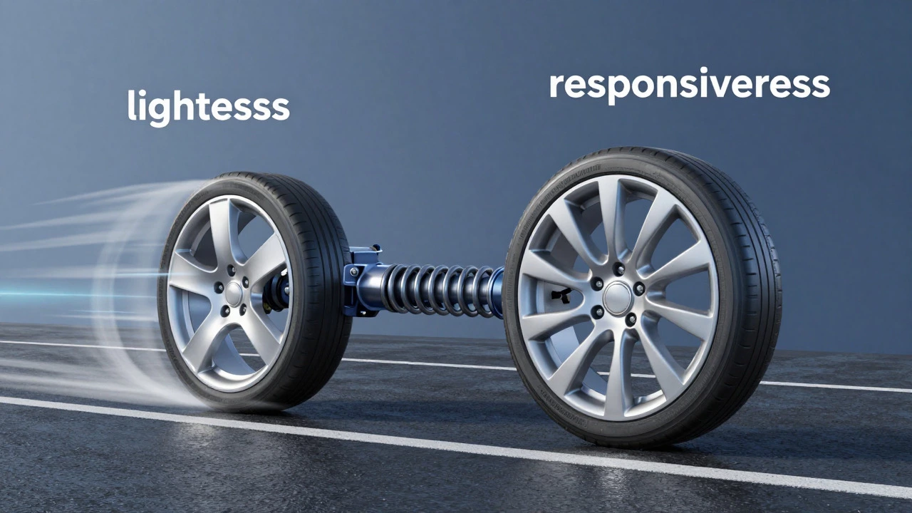 3D illustration showing lightweight alloy wheel improving suspension response