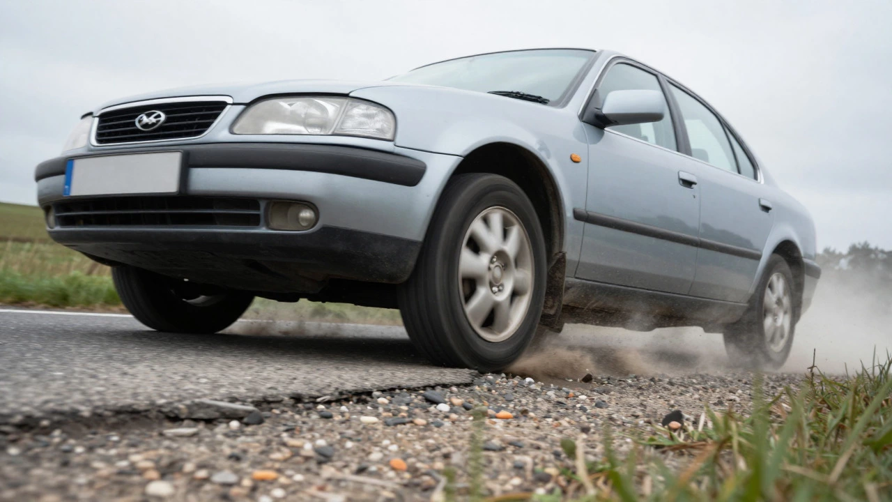 Car driving over rough road surface showing suspension stress