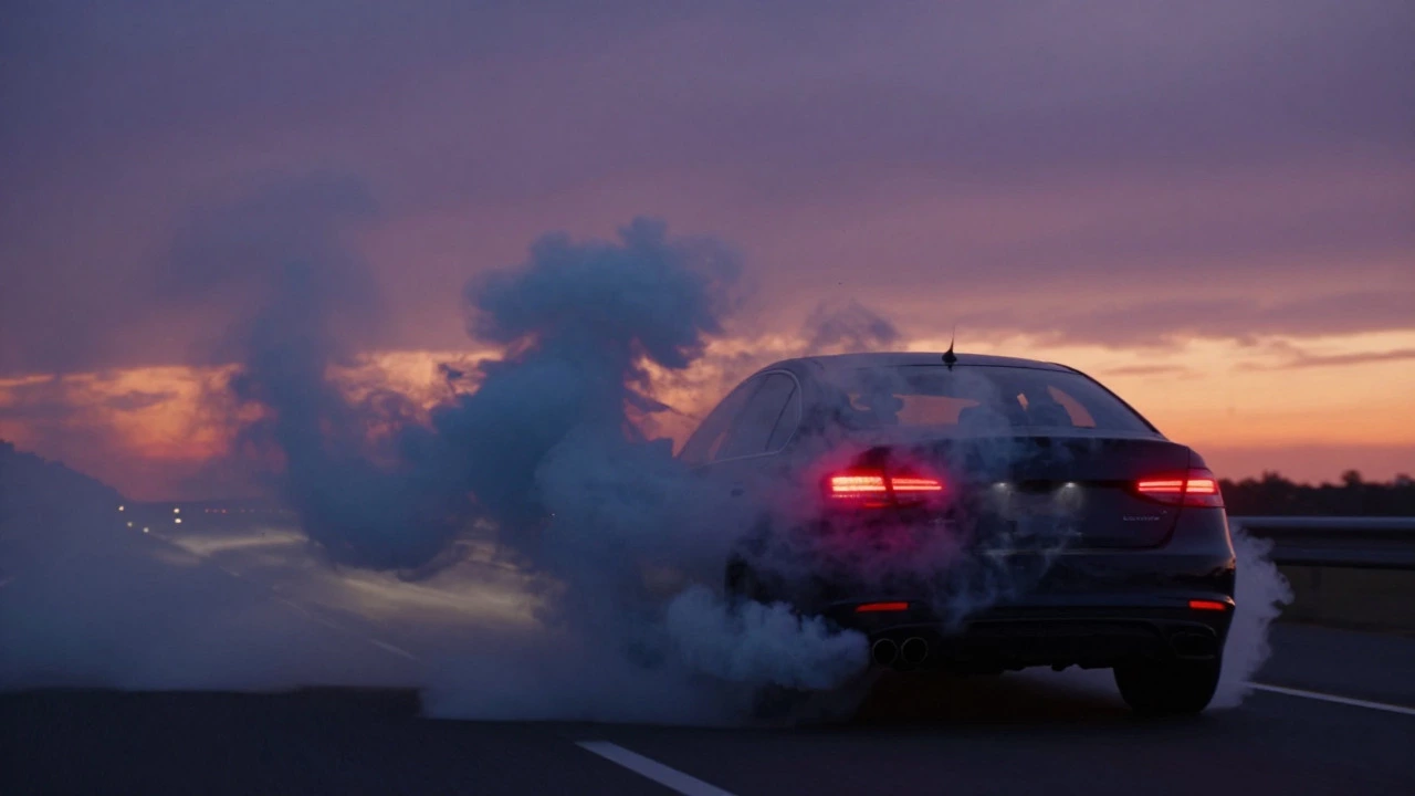 Car emitting thick blue smoke from the exhaust while driving at dusk