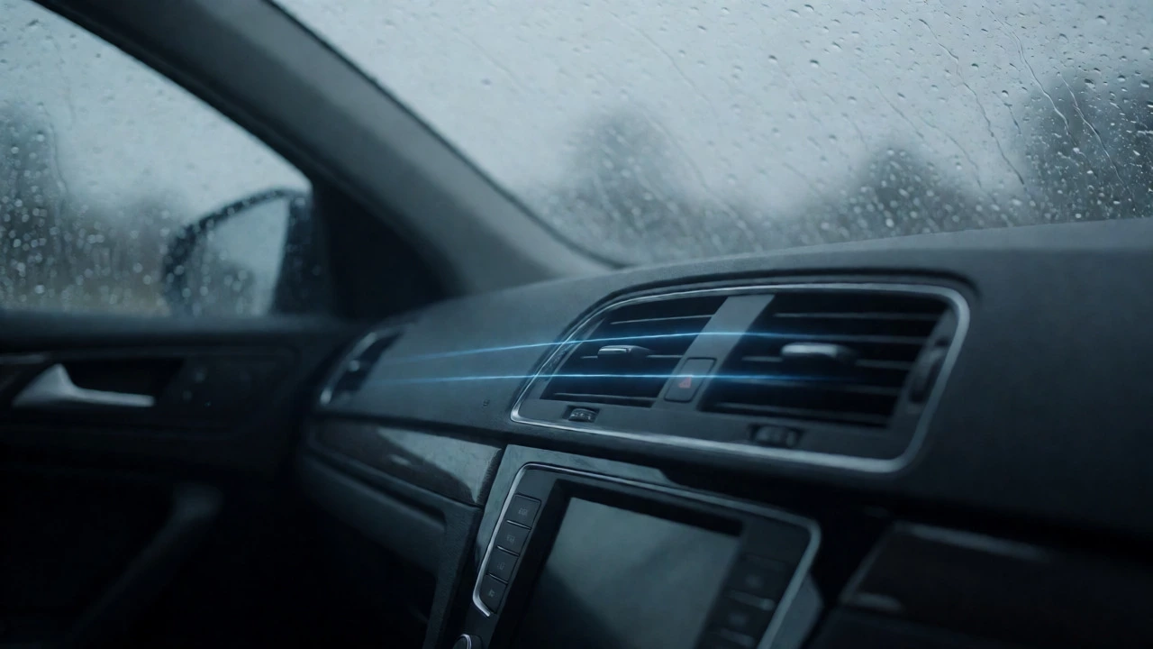Car interior vents with fading electric effects amidst rainy weather conditions.
