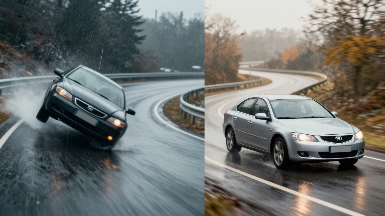 Car leaning sharply in turn vs stable driving