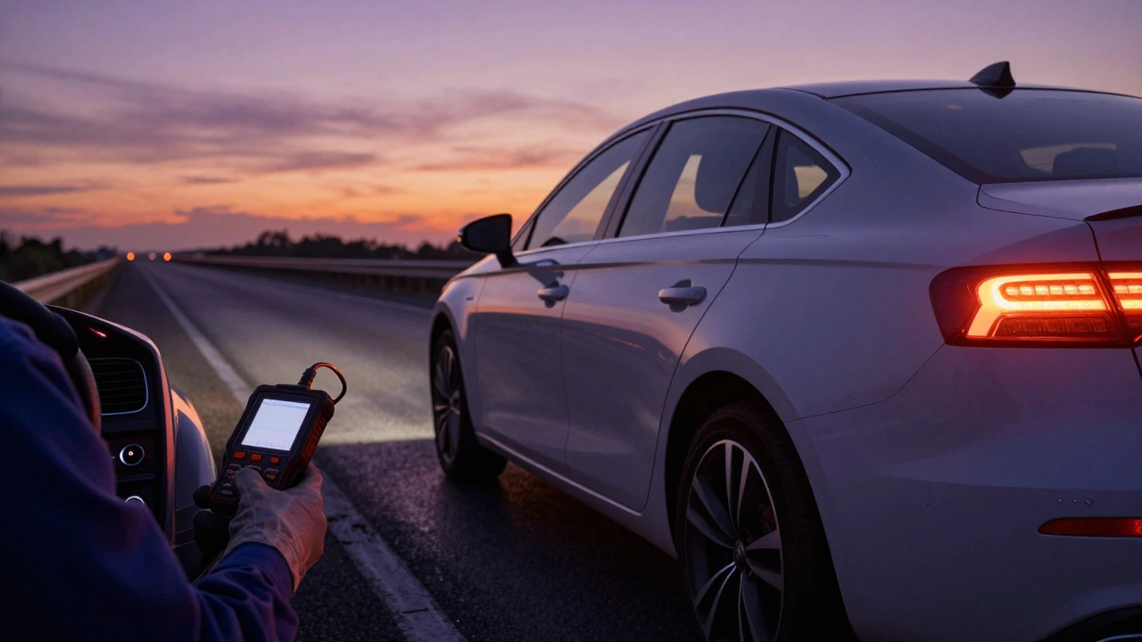 Car pulled over on a highway at dusk with a mechanic diagnosing the fuel system