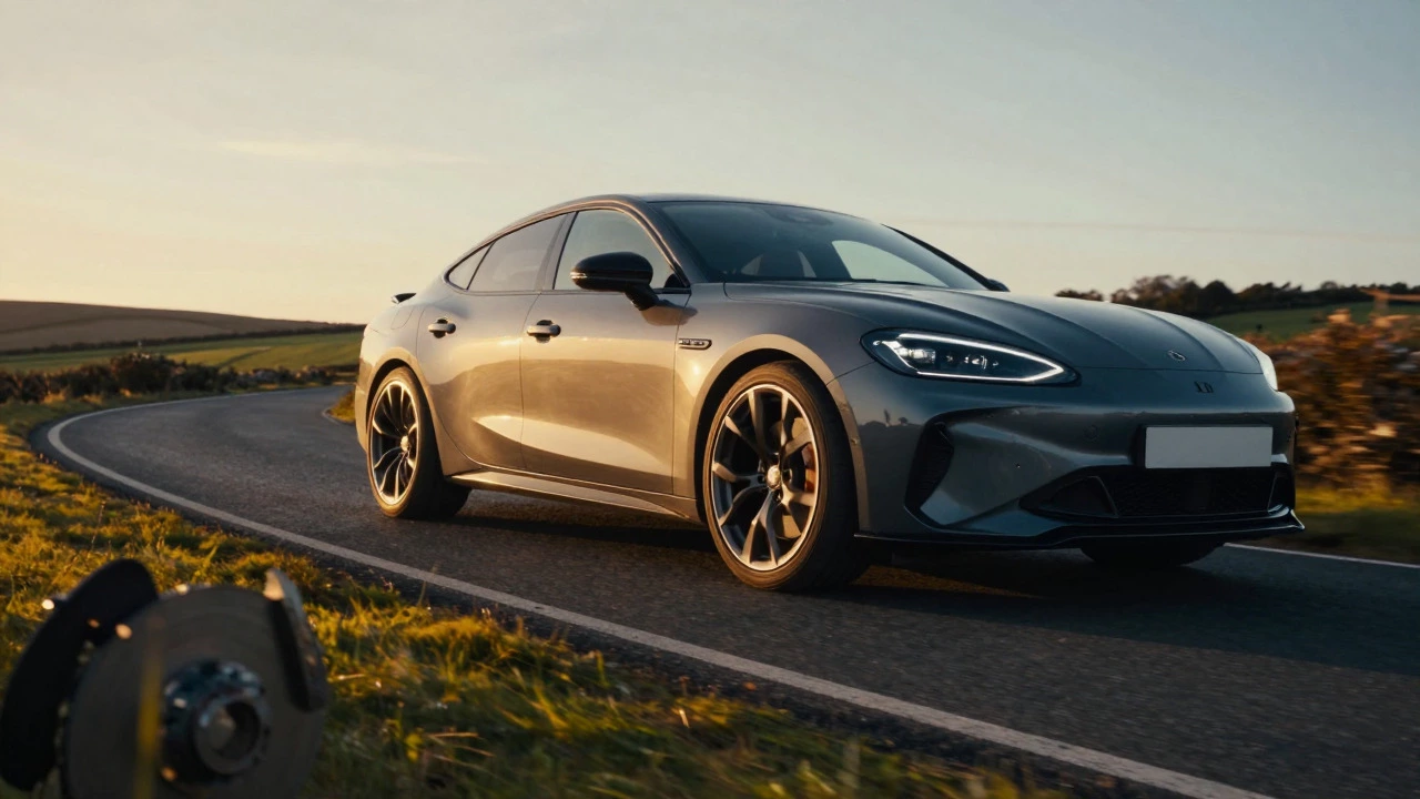 Car with stylish alloy wheels driving on a scenic UK road at sunset