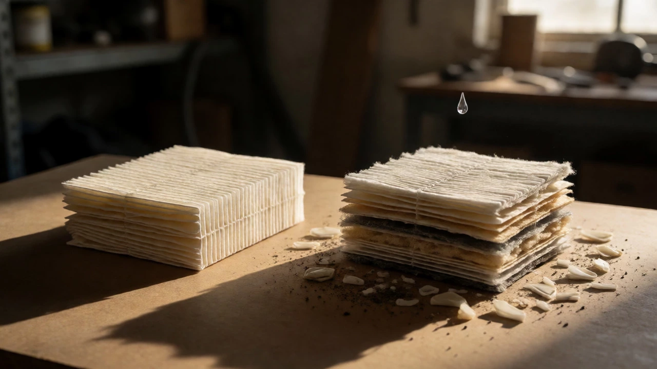 Comparison of paper and synthetic air filters with a raindrop overhead.