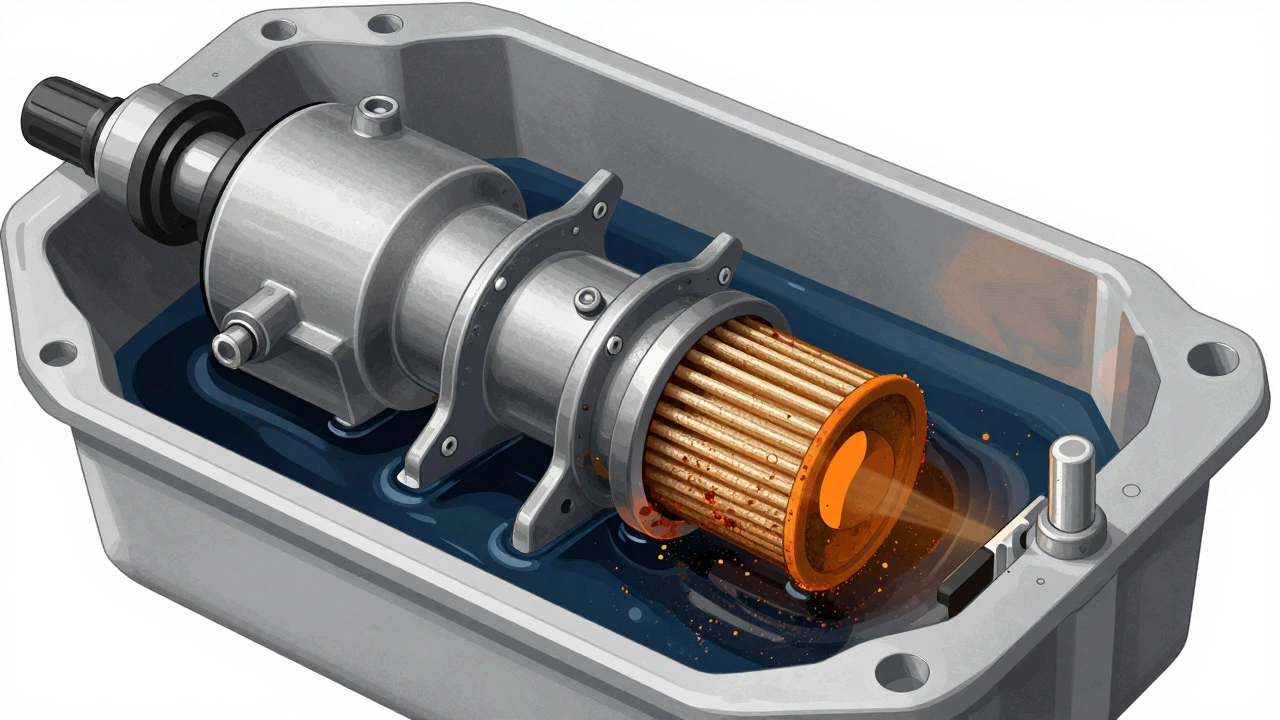 Cutaway diagram of fuel pump clogged with debris