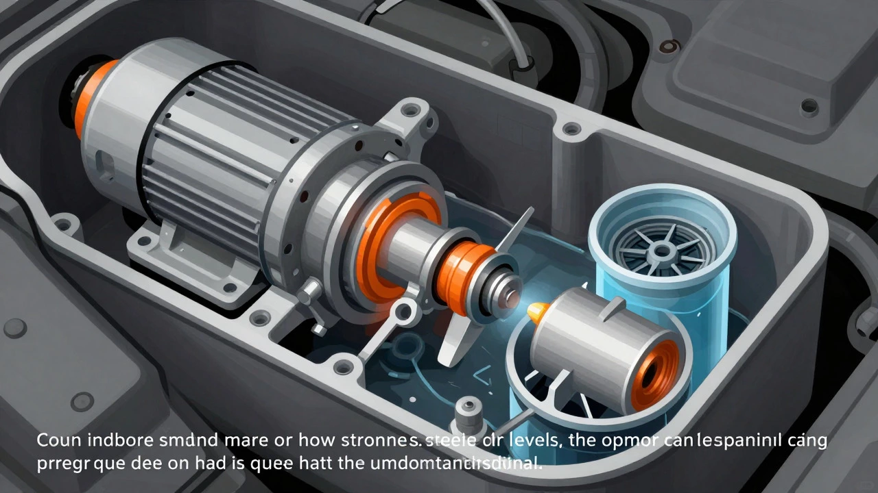 Cutaway diagram of fuel pump internals showing wear and fuel flow