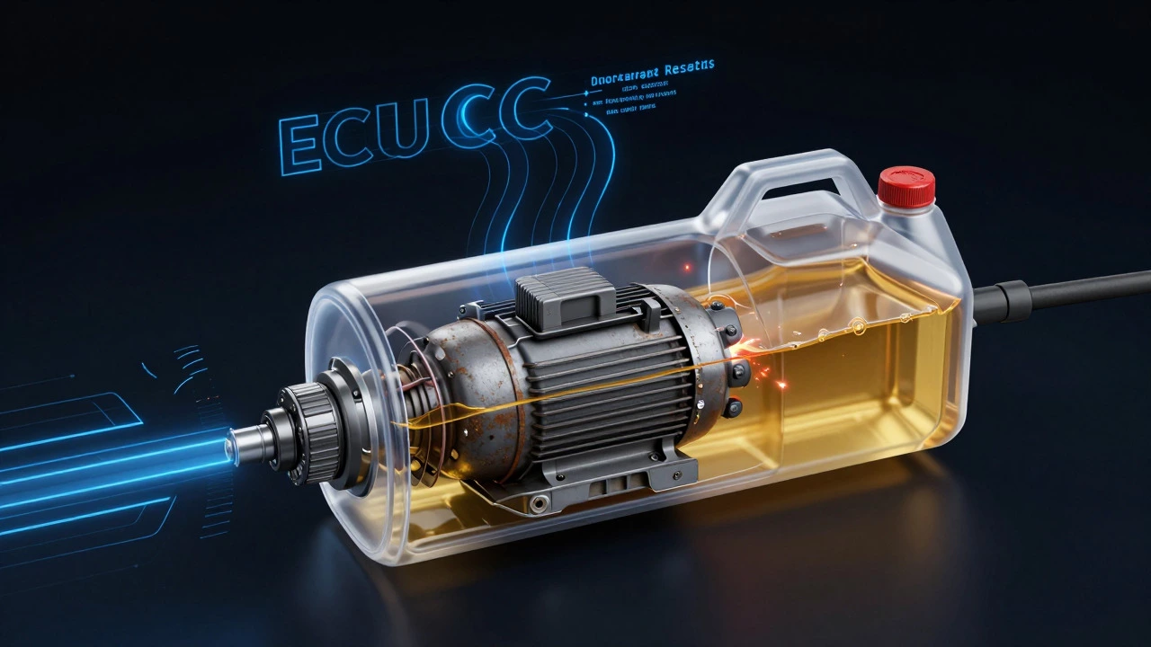 Cutaway illustration of a failing fuel pump with broken data signal lines