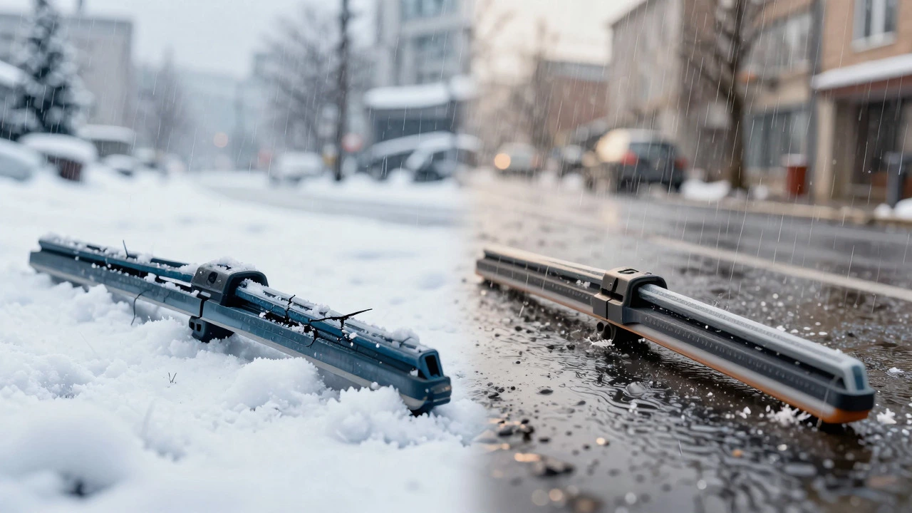 Illustration comparing cracked rubber wipers with flexible silicone blades in winter