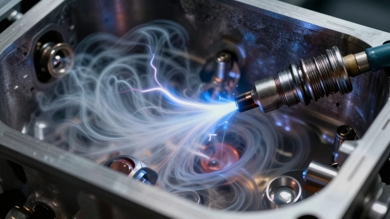 Macro view of a spark plug igniting fuel inside an engine cylinder