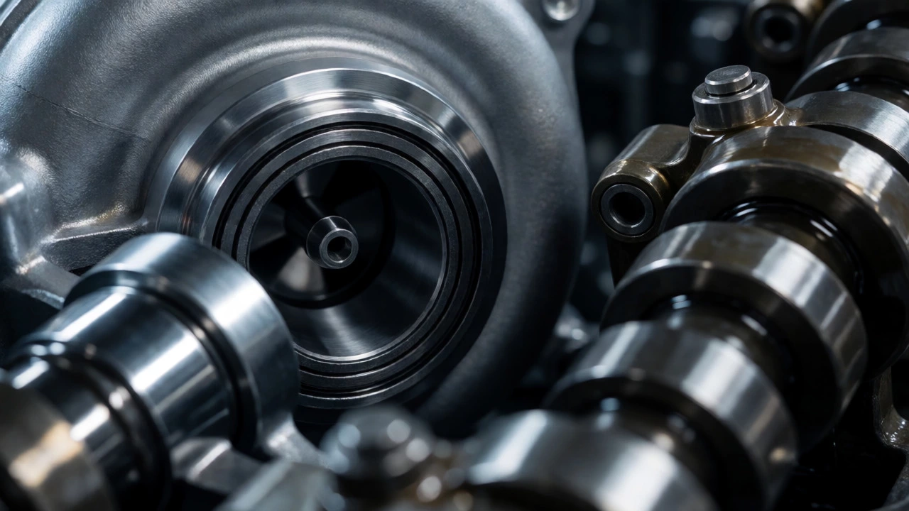Macro view of engine internals showing synthetic oil lubricating turbo bearings