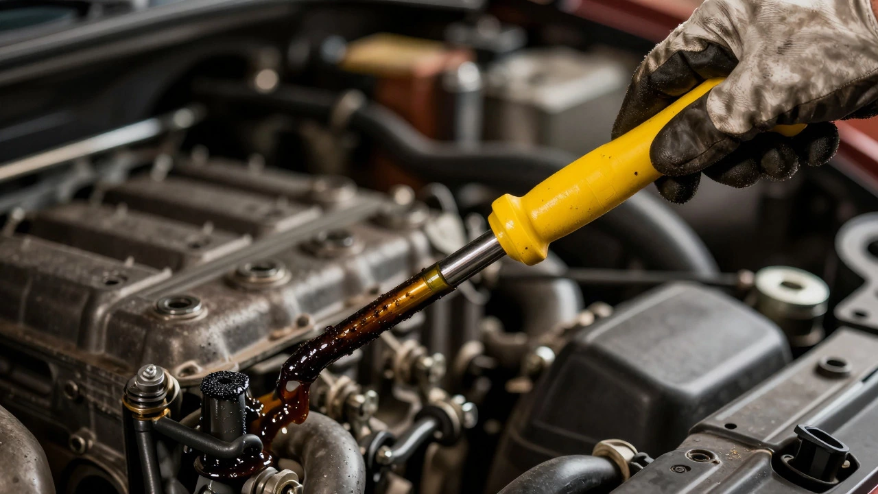 Mechanic checking oil level and consistency using a dipstick in an engine bay