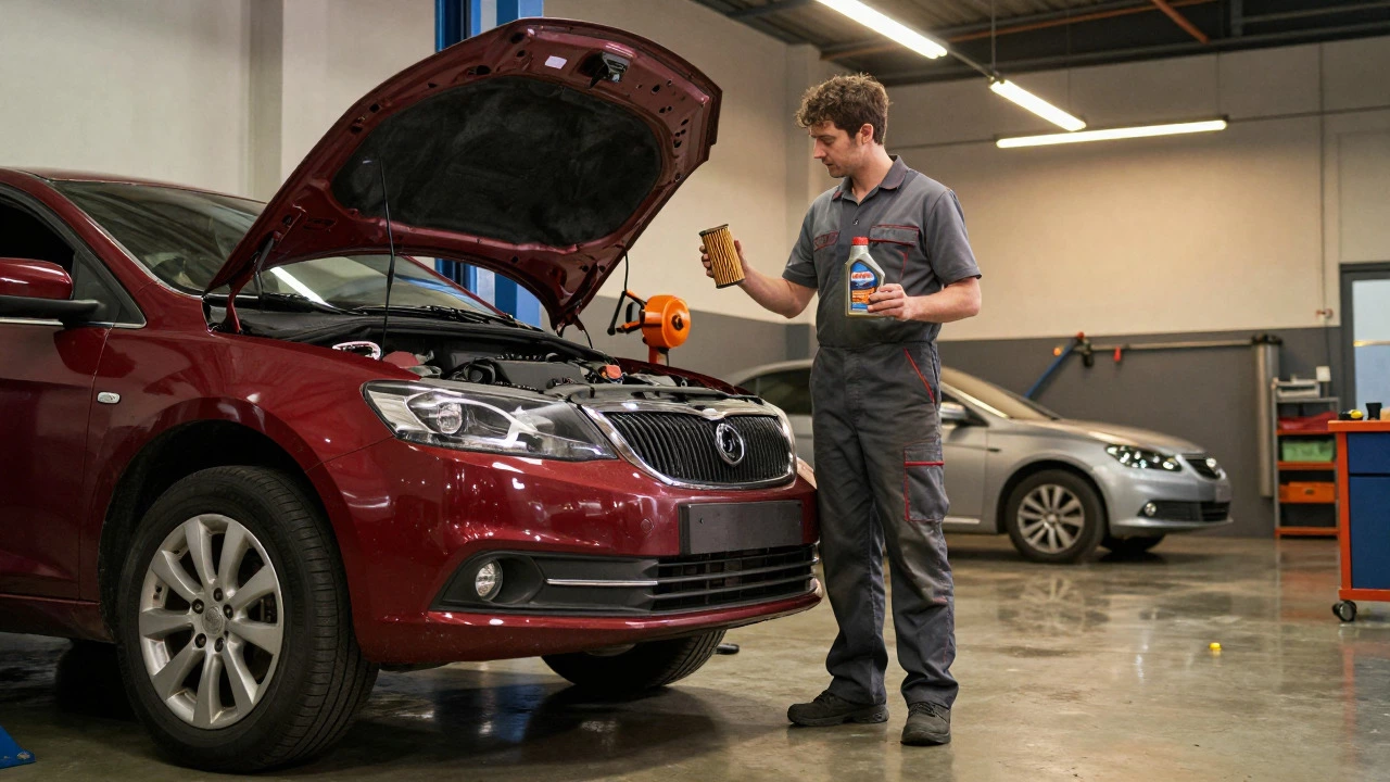 Mechanic holding oil filter and bottle beside a lifted car