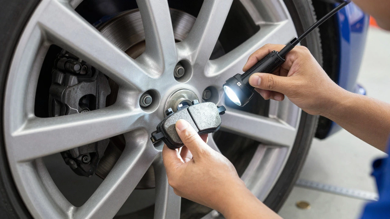 Mechanic inspecting brake pad thickness through alloy wheel