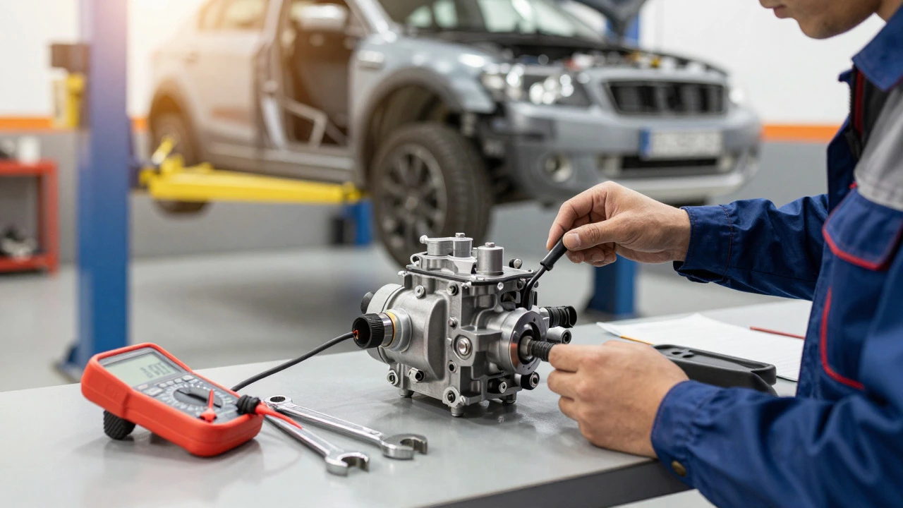 Mechanic inspecting fuel pump in auto workshop