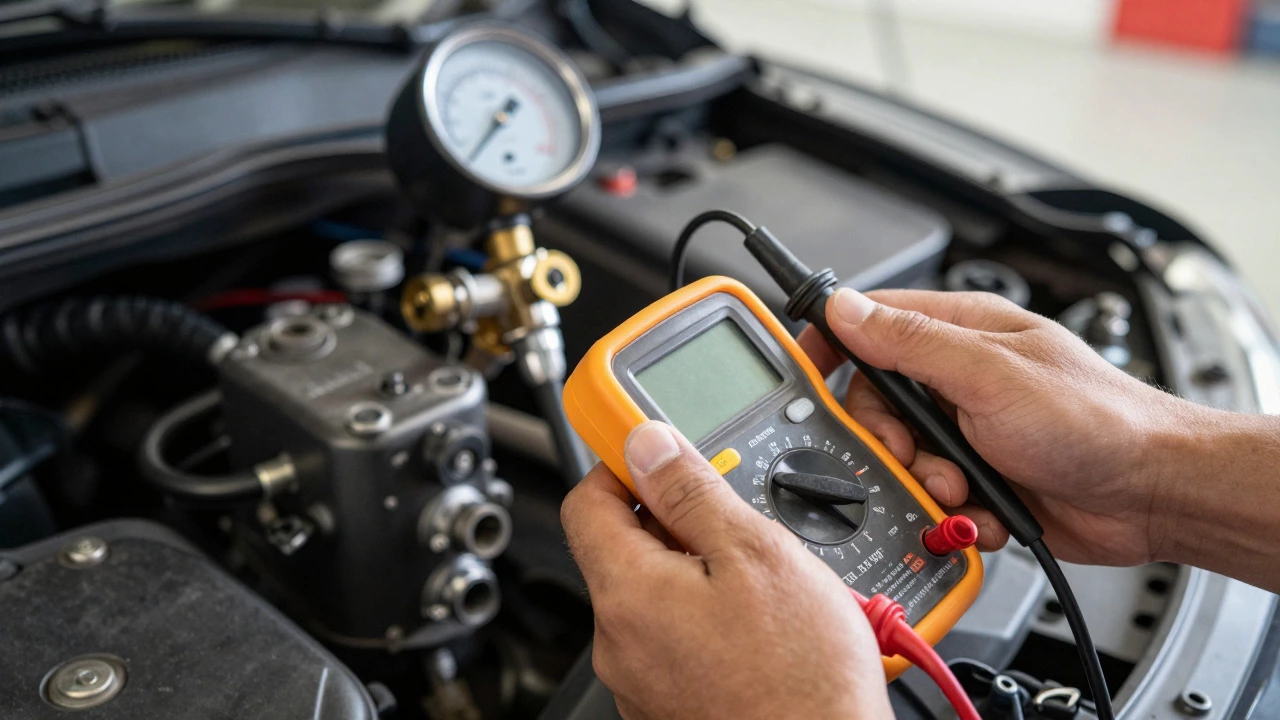 Mechanic testing fuel pump voltage and pressure with diagnostic tools