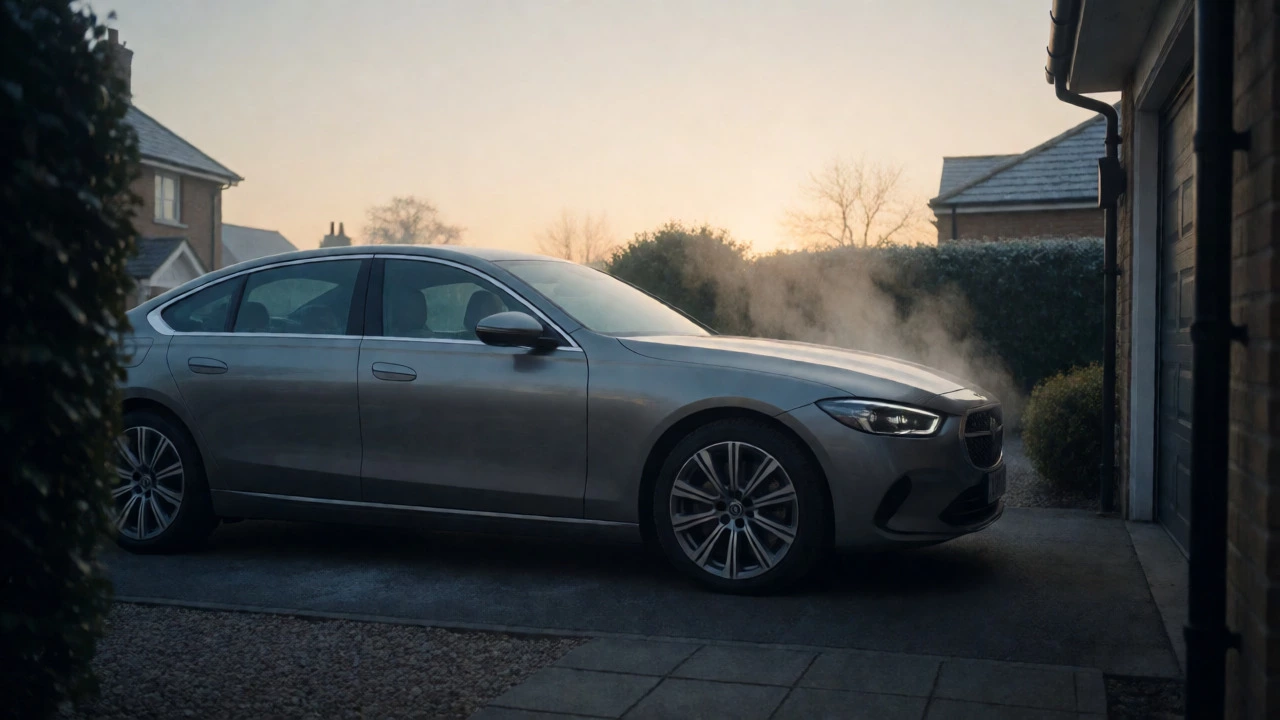 Modern car in a driveway on a cold morning with steam rising from the hood
