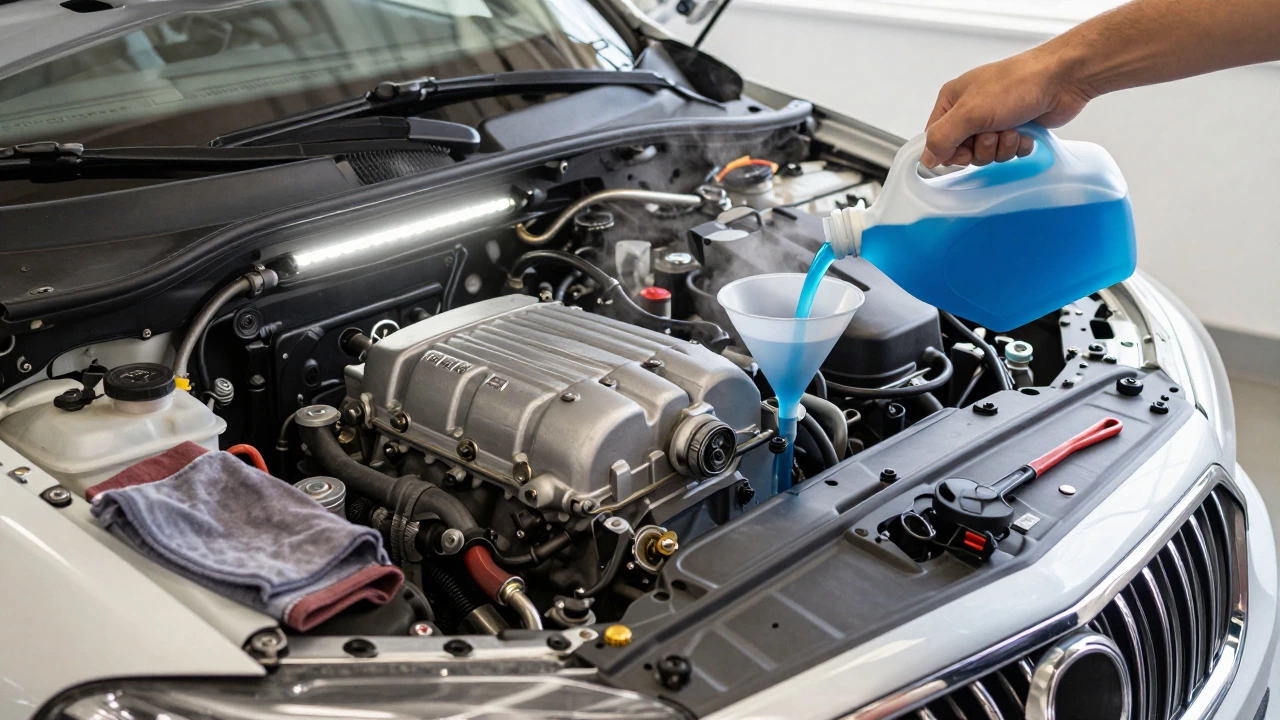 Pouring fresh coolant into newly installed car radiator system