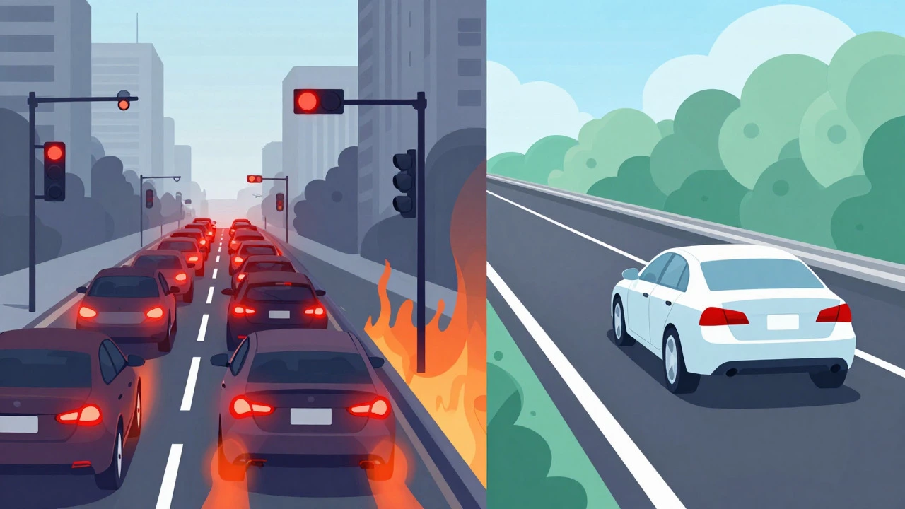 Split view comparing city traffic brake wear vs highway driving