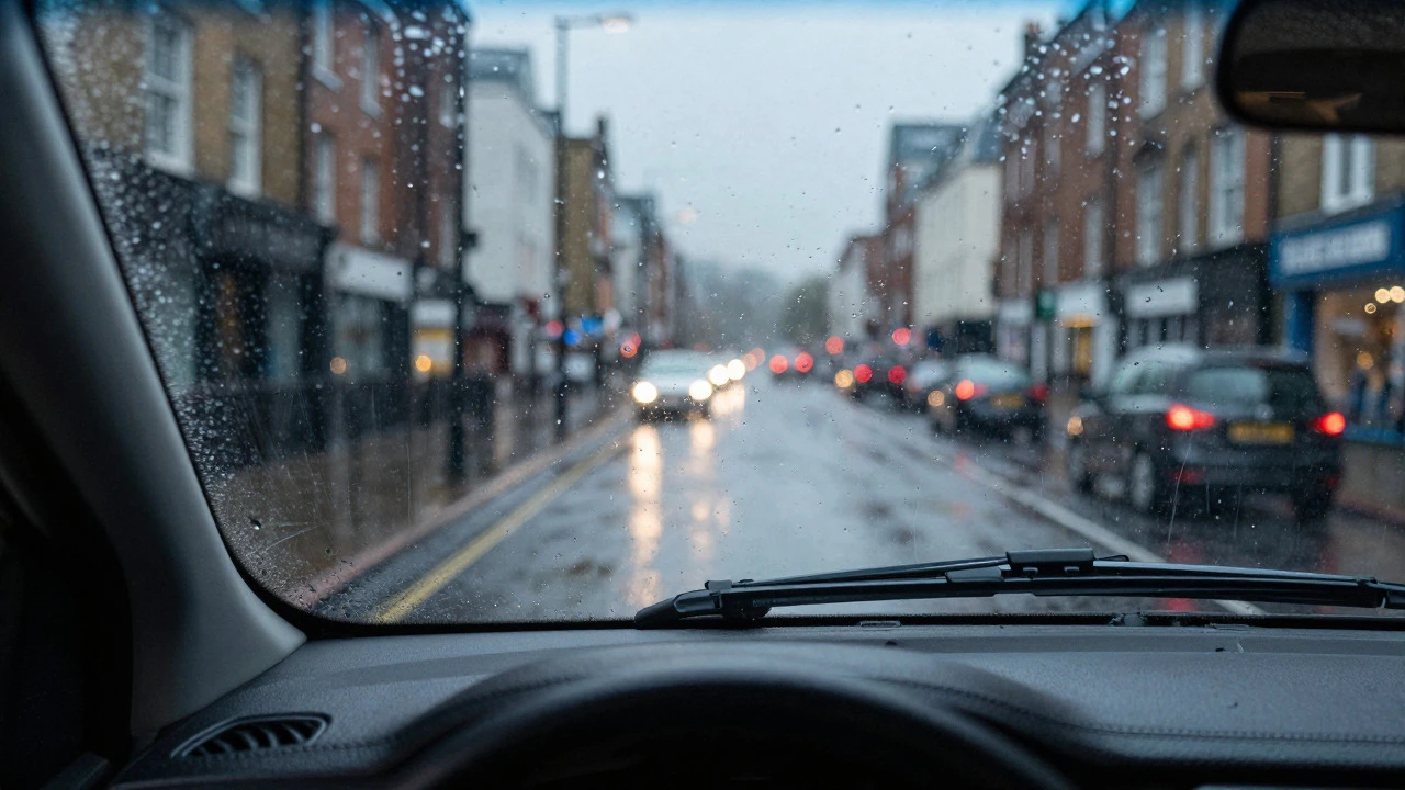 View from inside a car as wipers clear heavy rain from the windshield