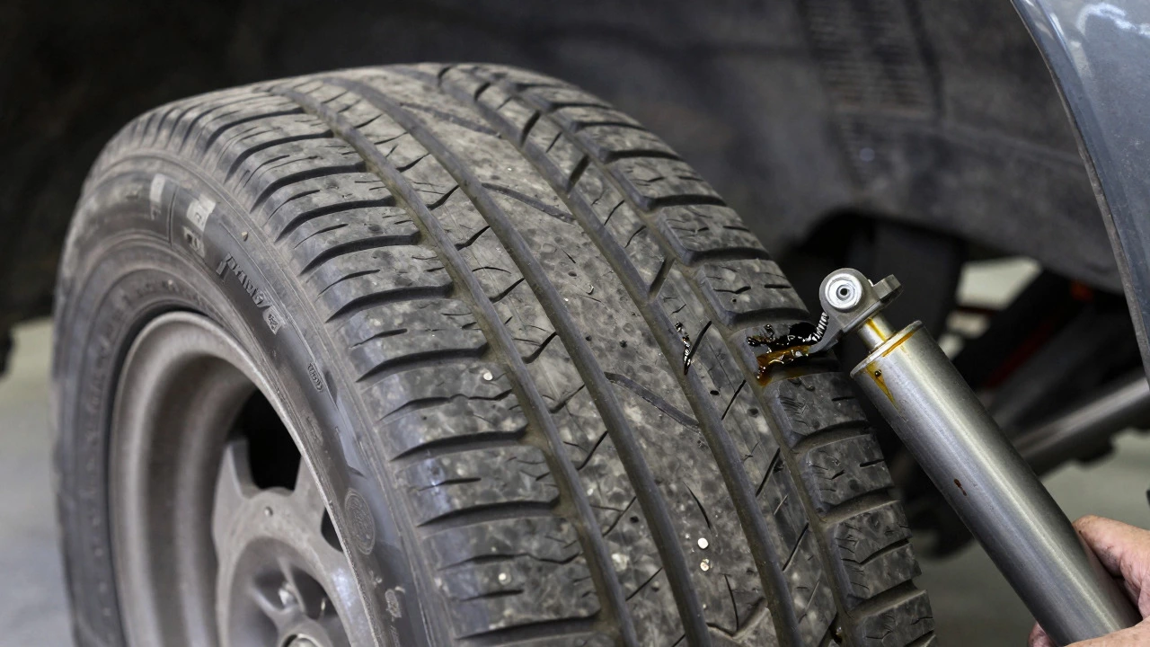 Worn tire with cupping and leaking shock absorber