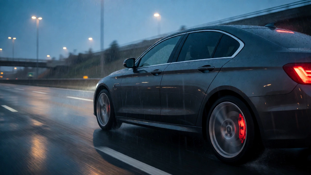 Car braking hard on wet road with glowing brake calipers