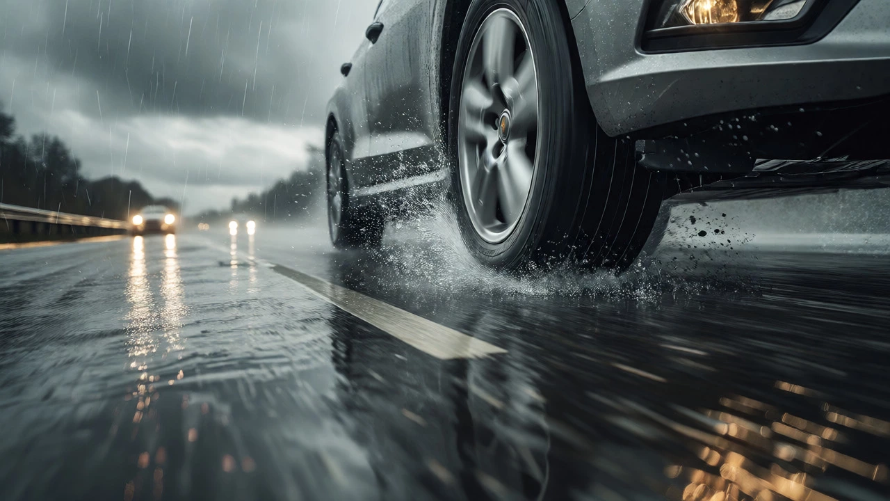 Car braking on a wet road with water spraying from the tires