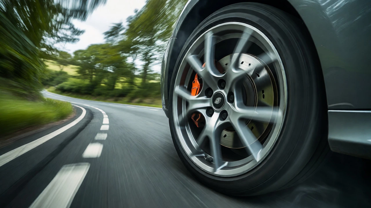 Car cornering with heat rising from alloy wheel brakes