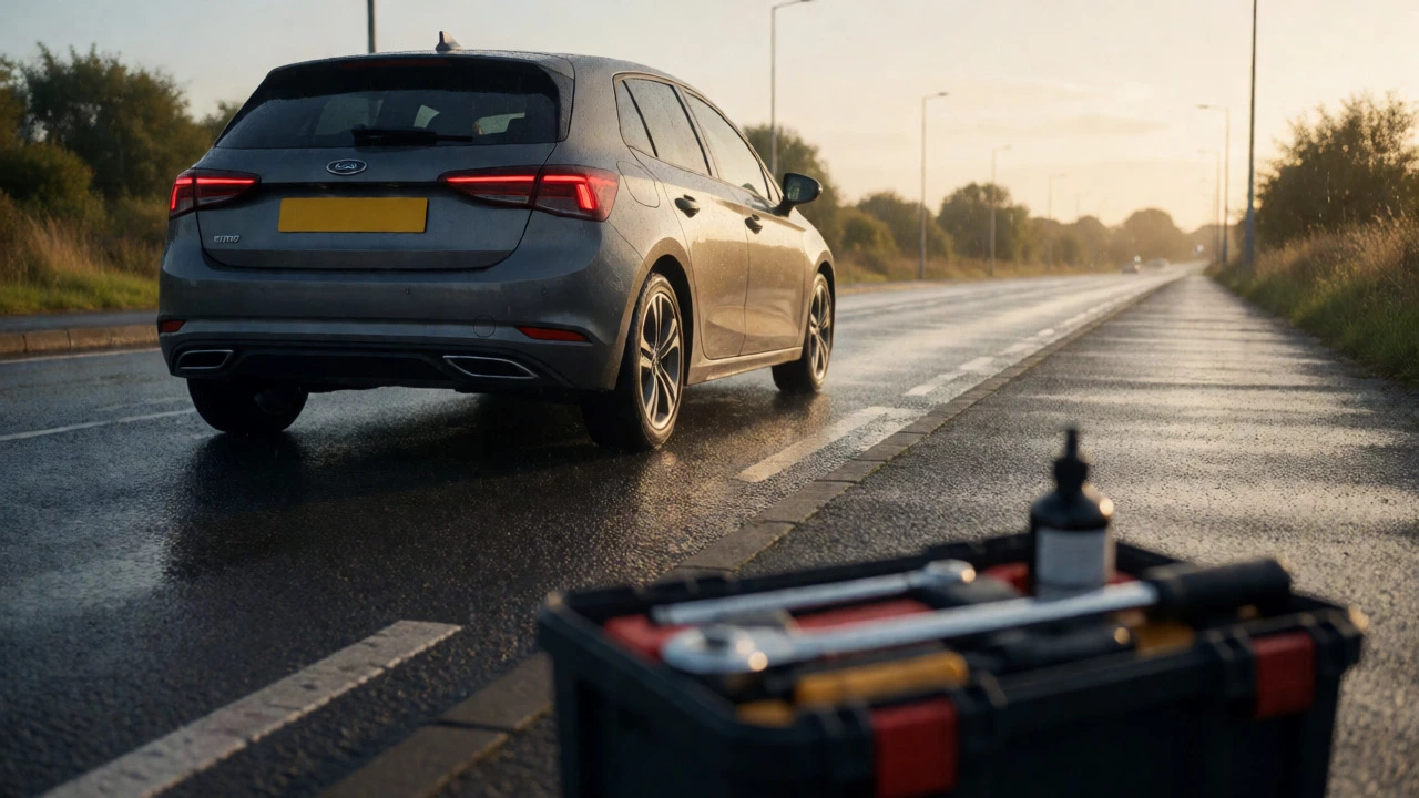 Car driving safely on a wet road after brake maintenance