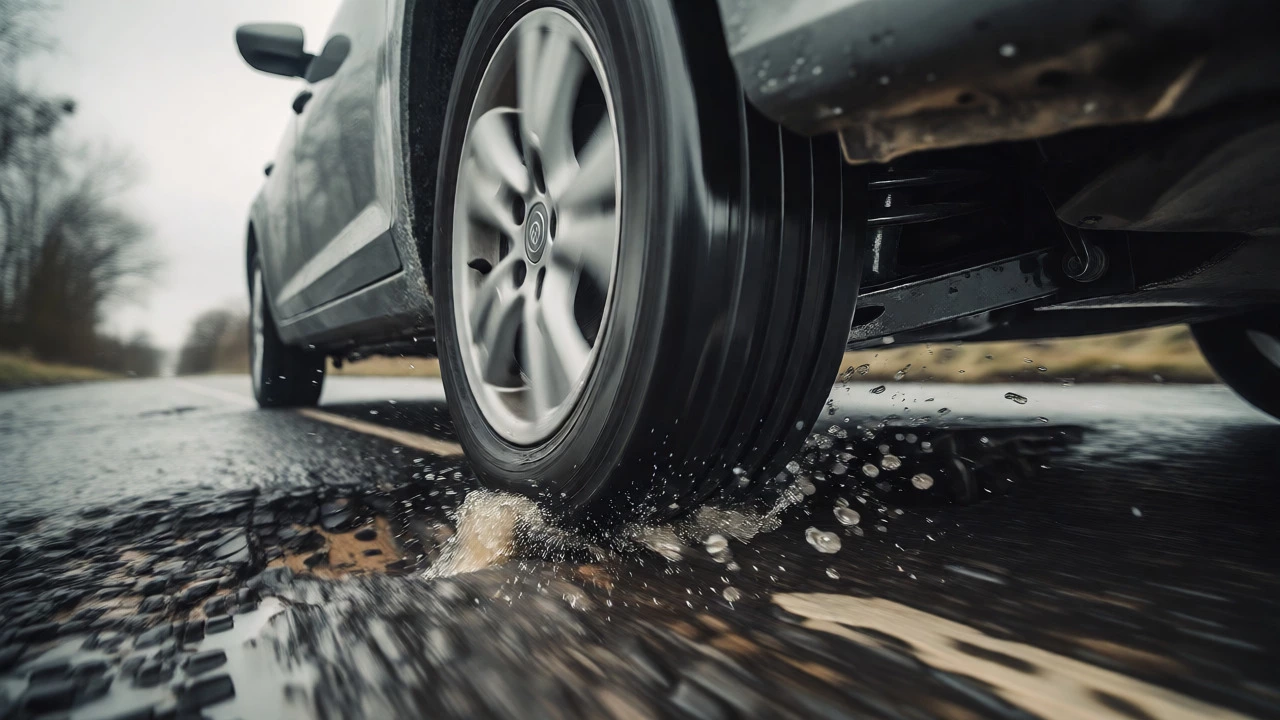 Car hitting a pothole causing suspension compression on wet road
