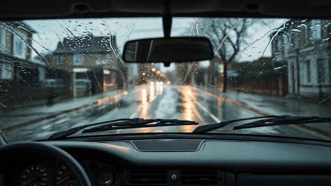 Clear view through a windscreen with wipers active in heavy rain