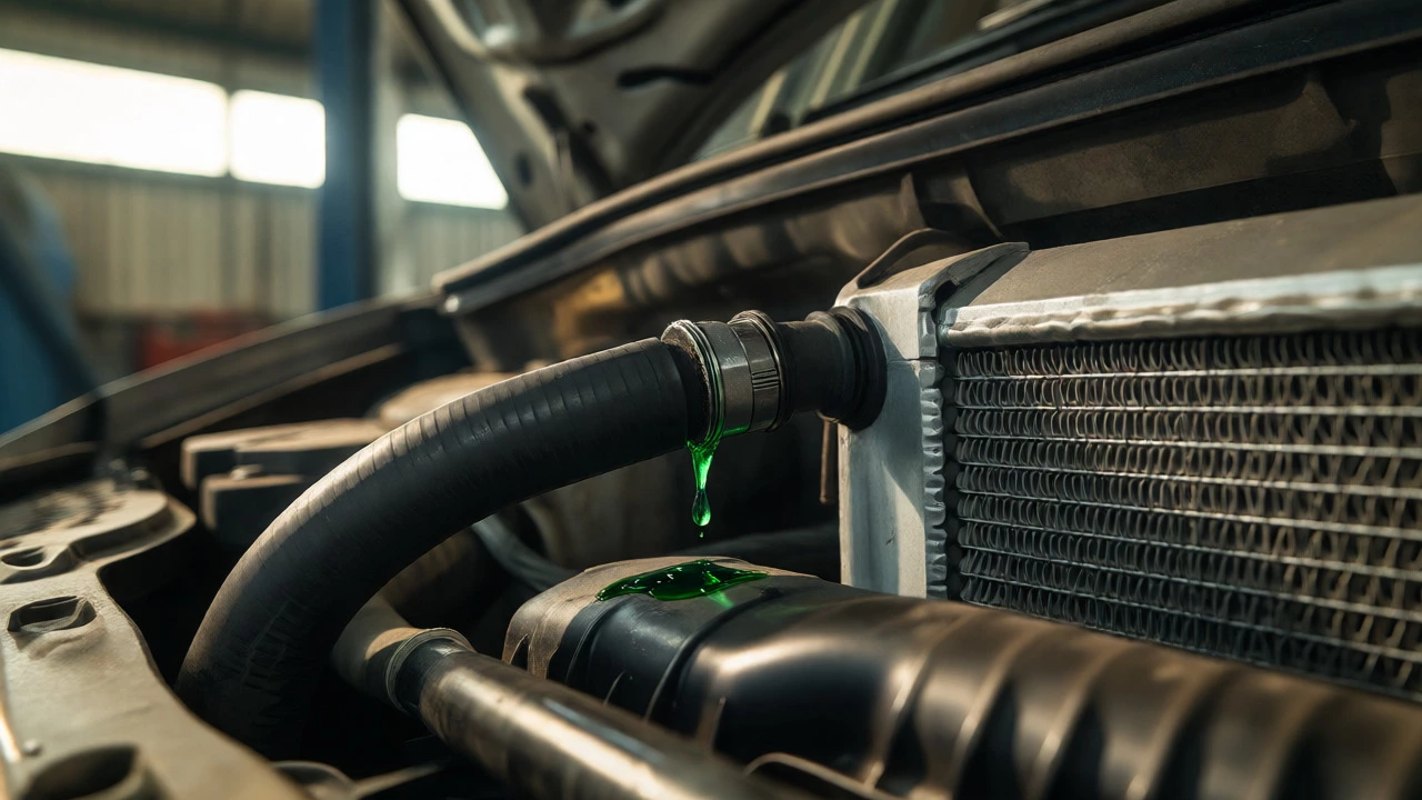 Close-up of a minor coolant leak dripping from a radiator hose clamp