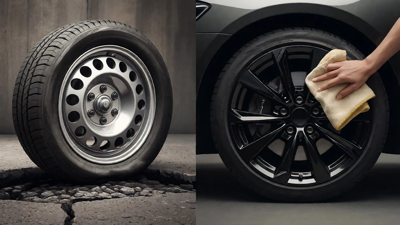 Comparison of bent steel wheel versus clean alloy wheel
