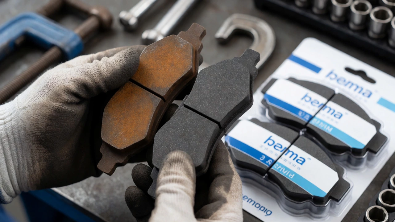 Comparison of old worn brake pads and new ceramic replacements
